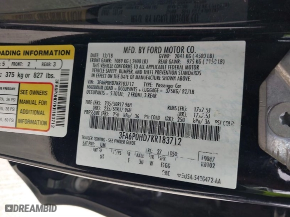 2019 Ford Fusion SE with VIN 3FA6P0HD7KR183712, listed as a IAAI auction lot 41543440 with 97,416 mi miles. Bid and sale history available at carsss.com. Image 9.