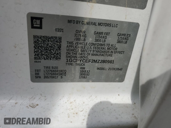 2021 Chevrolet Silverado 1500 Custom Trail Boss with VIN 1GCPYCEF2MZ280981, listed as a Copart auction lot 49270005 with Not Provided miles and Salvage Title. Bid and sale history available at DreamBid. Image 13.
