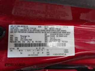 2017 Ford Focus SE z VIN 1FADP3F23HL313857, wystawiony jako IAAI lot #42181530 z przebiegiem 93 478 mil mil oraz . Historia ofert i sprzedaży dostępna na DreamBid. Obrazek 9.