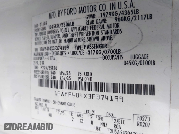 2003 Ford Mustang Standard с VIN 1FAFP404X3F374199, выставлен на аукционе IAAI как лот 42156866 с пробегом 224 102 миль миль и . История ставок и продаж доступна на DreamBid. Изображение 9.