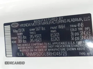 2024 Hyundai Santa Fe Calligraphy with VIN 5NMP5DGL8RH048723, listed as a IAAI auction lot 42063740 with Not provided miles and . Bid and sale history available at DreamBid. Image 9.