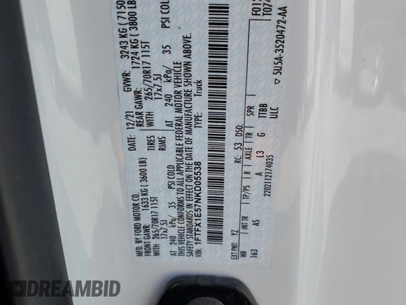 2022 Ford F-150 XL with VIN 1FTFX1E57NKD05538, listed as a Copart auction lot 58801425 with 53,392 mi miles and Salvage title. Bid and sale history available at DreamBid. Image 12.