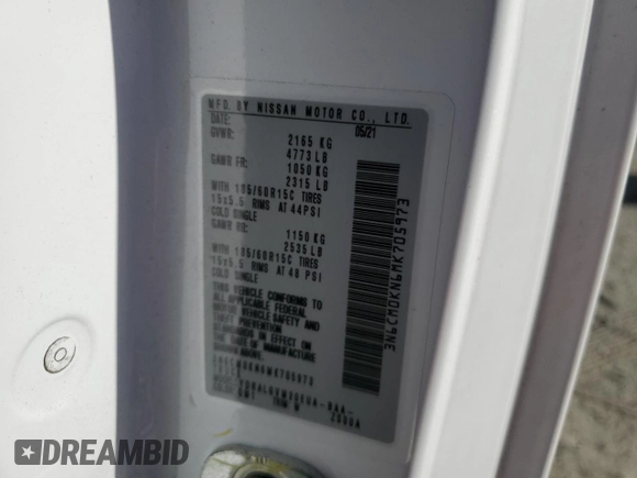 2021 Nissan NV200 SV with VIN 3N6CM0KN6MK705973, listed as a Copart auction lot 48379325 with 79,280 mi miles and Salvage title. Bid and sale history available at DreamBid. Image 13.