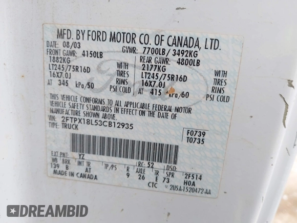 2003 Ford F-150 XL with VIN 2FTPX18L53CB12935, listed as a IAAI auction lot 41610117 with 1 mi miles. Bid and sale history available at carsss.com. Image 9.