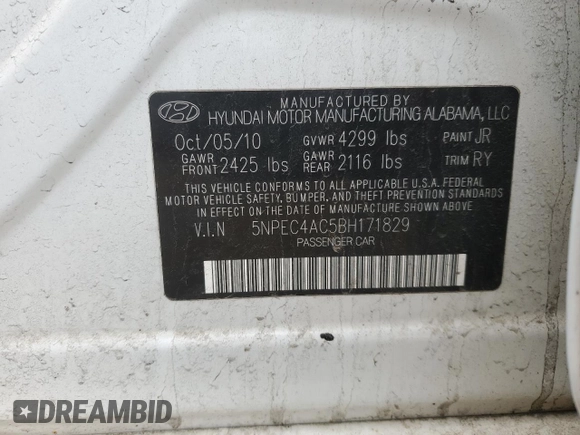 2011 Hyundai Sonata Limited with VIN 5NPEC4AC5BH171829, listed as a Copart auction lot 50972845 with 182,273 mi miles and Salvage Title. Bid and sale history available at DreamBid. Image 14.