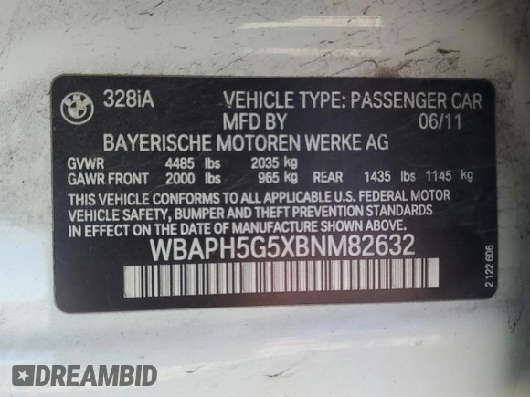 2011 BMW 3 Series 328i with VIN WBAPH5G5XBNM82632, listed as a Copart auction lot 46375495 with 85,507 mi miles and Salvage Title. Bid and sale history available at carsss.com. Image 15.