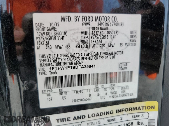 2013 Ford F-150 XL with VIN 1FTFW1ET9DFA25841, listed as a Copart auction lot 61506985 with 151,596 mi miles and Clean title. Bid and sale history available at DreamBid. Image 12.