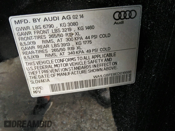 2014 Audi Q7 Premium Plus with VIN WA1LGBFE8ED016688, listed as a IAAI auction lot 42717215 with 61,517 mi miles and . Bid and sale history available at DreamBid. Image 9.