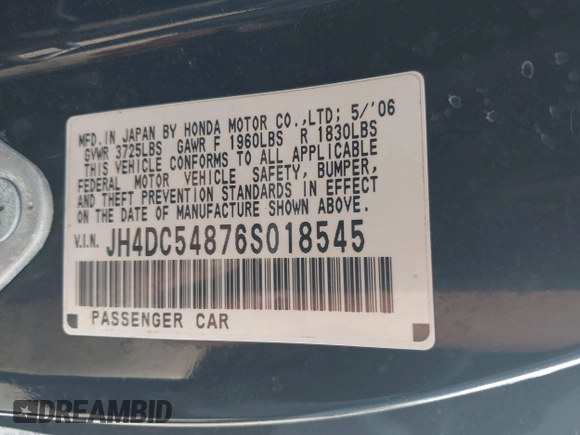 2006 Acura RSX с VIN JH4DC54876S018545, выставлен на аукционе IAAI как лот 42557905 с пробегом 171 292 миль миль и . История ставок и продаж доступна на DreamBid. Изображение 9.