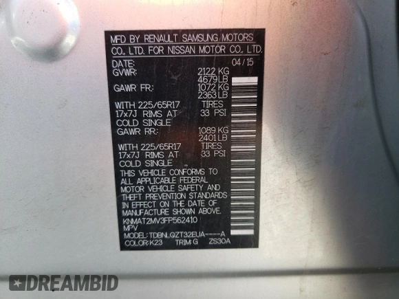 2015 Nissan Rogue SV with VIN KNMAT2MV3FP562410, listed as a Copart auction lot 53852655 with 109,225 mi miles and Salvage Title. Bid and sale history available at DreamBid. Image 13.