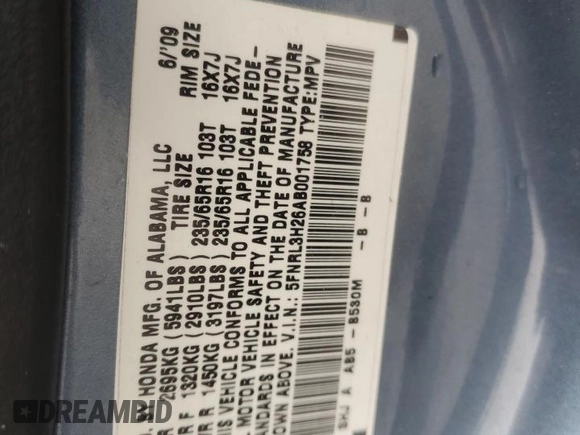 2010 Honda Odyssey LX with VIN 5FNRL3H26AB001758, listed as a Copart auction lot 58320535 with 131,373 mi miles and Salvage title. Bid and sale history available at DreamBid. Image 13.