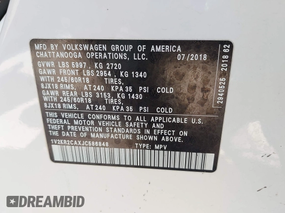 2018 Volkswagen Atlas SE with VIN 1V2KR2CAXJC586848, listed as a IAAI auction lot 42200959 with 96,336 mi miles and . Bid and sale history available at DreamBid. Image 9.