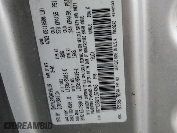 2001 Dodge 3500 z VIN 1B7MC33W71J574245, wystawiony jako Copart lot #84877774 z przebiegiem 200 945 mil mil oraz Szkoda całkowita • Salvage title. Historia ofert i sprzedaży dostępna na DreamBid. Obrazek 14.