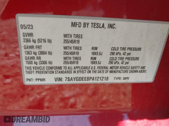 2023 Tesla Model Y Long Range with VIN 7SAYGDEE8PA121218, listed as a IAAI auction lot 41888923 with 34,796 mi miles. Bid and sale history available at carsss.com. Image 9.