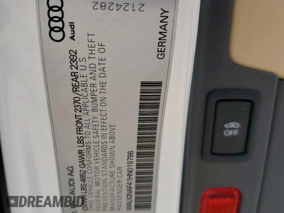 2017 Audi A4 Premium with VIN WAUGNAF41HN019796, listed as a Copart auction lot 58241845 with 56,141 mi miles and Salvage title. Bid and sale history available at DreamBid. Image 12.