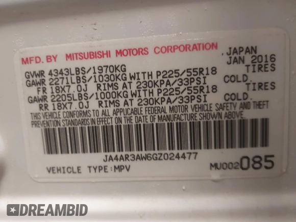 2016 Mitsubishi Outlander Sport 2.4 ES with VIN JA4AR3AW6GZ024477, listed as a IAAI auction lot 41458657 with 109,731 mi miles. Bid and sale history available at carsss.com. Image 9.
