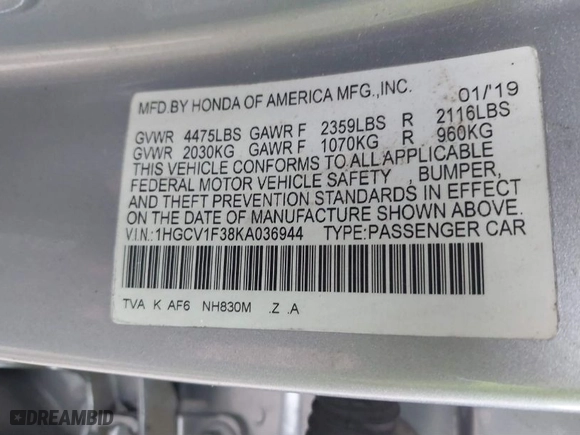 2019 Honda Accord Sedan Sport 1.5T with VIN 1HGCV1F38KA036944, listed as a IAAI auction lot 41722577 with 174,873 mi miles. Bid and sale history available at carsss.com. Image 9.