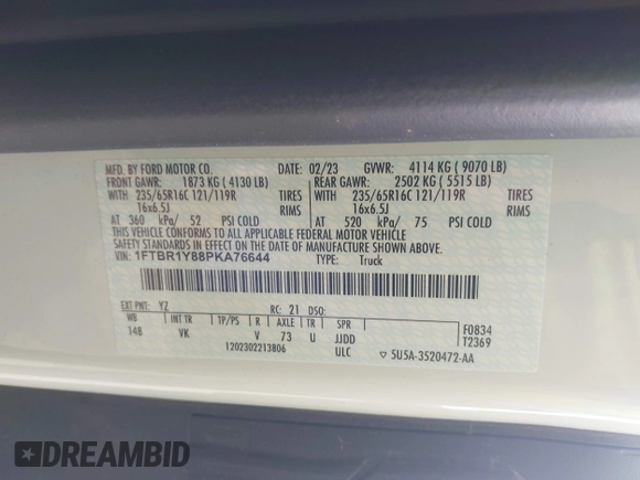 2023 Ford Transit Cargo с VIN 1FTBR1Y88PKA76644, выставлен на аукционе IAAI как лот 42382300 с пробегом 42 299 миль миль и . История ставок и продаж доступна на DreamBid. Изображение 9.