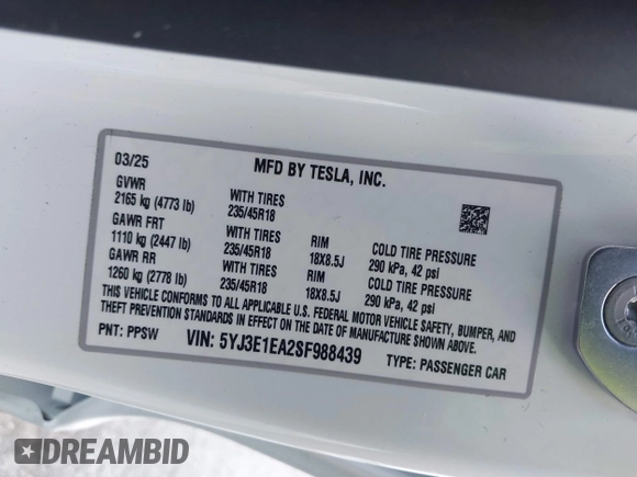 2025 Tesla Model 3 Long Range с VIN 5YJ3E1EA2SF988439, выставлен на аукционе IAAI как лот 42258606 с пробегом 3 566 миль миль и . История ставок и продаж доступна на DreamBid. Изображение 9.
