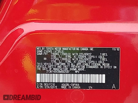 2011 Toyota RAV4 with VIN 2T3KF4DV2BW062597, listed as a IAAI auction lot 41881204 with 126,423 mi miles and . Bid and sale history available at DreamBid. Image 9.