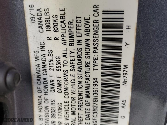 2016 Honda Civic Coupe EX-T with VIN 2HGFC3B37GH361954, listed as a Copart auction lot 43219525 with 160,068 mi miles and Salvage Title. Bid and sale history available at carsss.com. Image 12.
