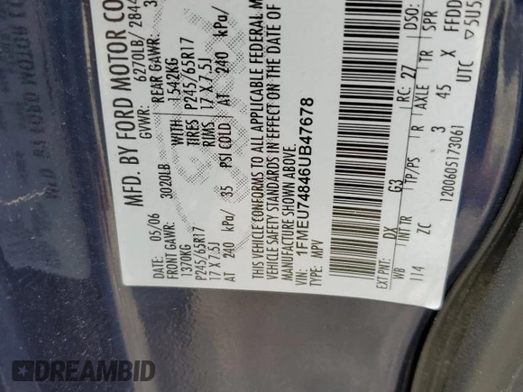 2006 Ford Explorer Eddie Bauer with VIN 1FMEU74846UB47678, listed as a Copart auction lot 60109615 with Not provided miles and Salvage title. Bid and sale history available at DreamBid. Image 13.