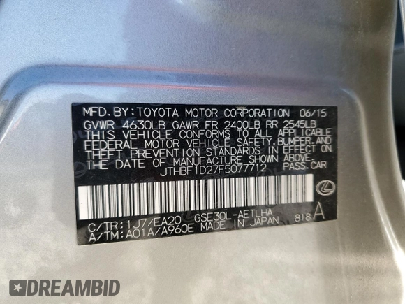 2015 Lexus IS 250 with VIN JTHBF1D27F5077712, listed as a Copart auction lot 52624375 with 135,980 mi miles and Salvage Title. Bid and sale history available at carsss.com. Image 12.