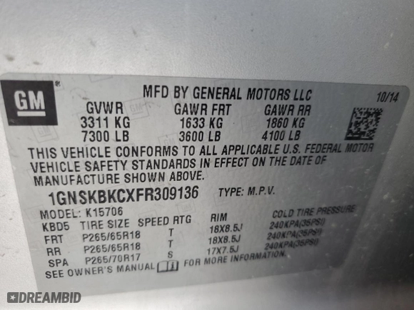 2015 Chevrolet Tahoe LT with VIN 1GNSKBKCXFR309136, listed as a Copart auction lot 44278505 with 136,978 mi miles and Salvage Title. Bid and sale history available at carsss.com. Image 14.