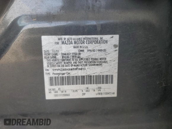 2012 Mazda 6 i Sport with VIN 1YVHZ8BHXC5M16813, listed as a Copart auction lot 59563595 with 121,133 mi miles and Salvage title. Bid and sale history available at DreamBid. Image 12.