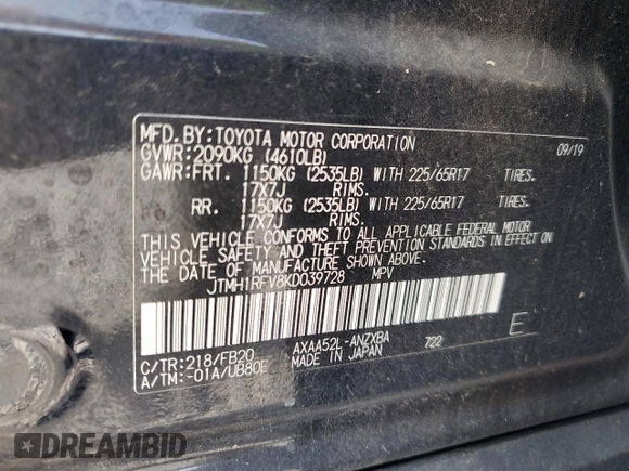 2019 Toyota RAV4 LE with VIN JTMH1RFV8KD039728, listed as a Copart auction lot 59669035 with 100,355 mi miles and Salvage title. Bid and sale history available at DreamBid. Image 13.