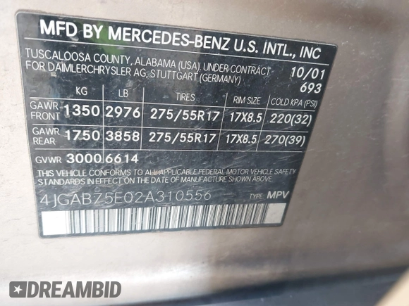 2002 Mercedes-Benz M 320/430/500 with VIN 4JGAB75E02A310556, listed as a IAAI auction lot 41685541 with 180,930 mi miles and . Bid and sale history available at DreamBid. Image 9.
