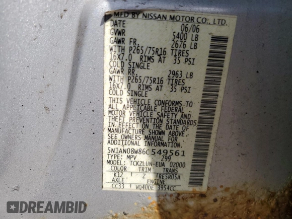 2006 Nissan Xterra S with VIN 5N1AN08W86C549561, listed as a Copart auction lot 53955355 with 172,058 mi miles and Salvage title. Bid and sale history available at DreamBid. Image 12.