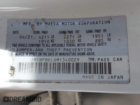 2021 Mazda 3 with VIN JM1BPBDL6M1340029, listed as a IAAI auction lot 42461850 with 79,798 mi miles and . Bid and sale history available at DreamBid. Image 9.