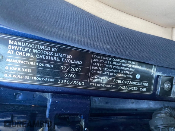 2008 Bentley Arnage with VIN SCBLC47J48CX12700, listed as a Copart auction lot 55392345 with 72,001 mi miles and Clean Title. Bid and sale history available at DreamBid. Image 10.