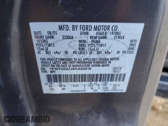 2006 Ford Escape XLS with VIN 1FMYU02Z36KA52010, listed as a Copart auction lot 43130235 with 224,006 mi miles and Clean Title. Bid and sale history available at carsss.com. Image 13.