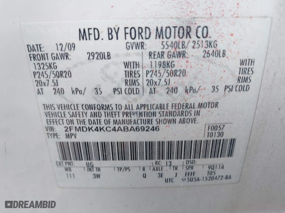 2010 Ford Edge Limited with VIN 2FMDK4KC4ABA69246, listed as a IAAI auction lot 41772906 with 226,610 mi miles. Bid and sale history available at carsss.com. Image 9.