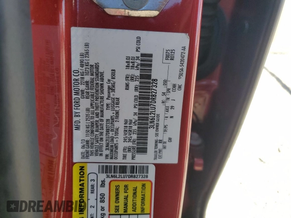 2013 Lincoln MKZ Hybrid with VIN 3LN6L2LU7DR827328, listed as a Copart auction lot 55277825 with Not provided miles and Salvage title. Bid and sale history available at DreamBid. Image 12.