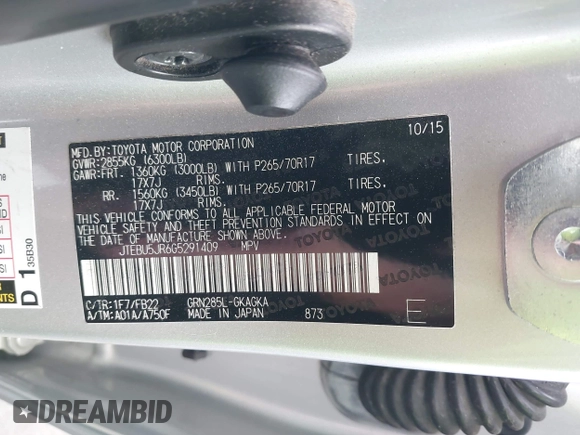 2016 Toyota 4Runner Limited with VIN JTEBU5JR6G5291409, listed as a IAAI auction lot 42153631 with 115,920 mi miles and . Bid and sale history available at DreamBid. Image 9.