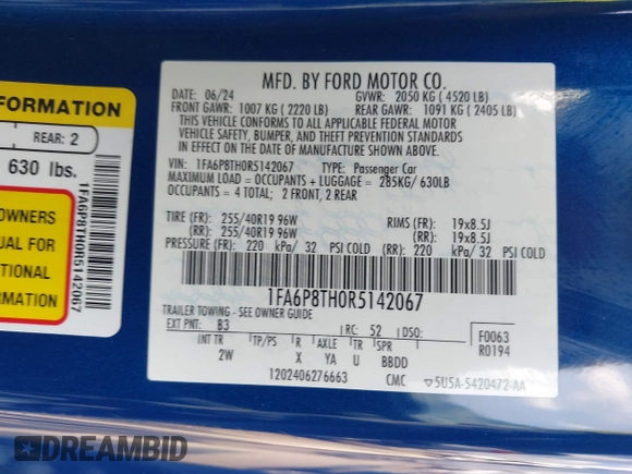 2024 Ford Mustang EcoBoost с VIN 1FA6P8TH0R5142067, выставлен на аукционе IAAI как лот 42338104 с пробегом 7 179 миль миль и . История ставок и продаж доступна на DreamBid. Изображение 9.