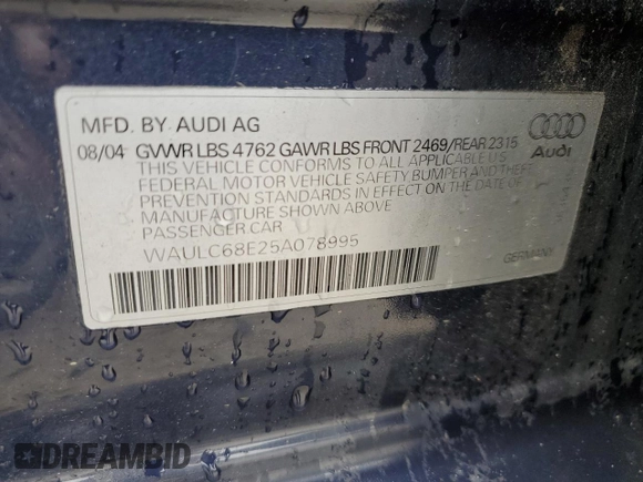 2005 Audi A4 1.8T SE with VIN WAULC68E25A078995, listed as a Copart auction lot 71750644 with 175,534 mi miles and Clean Title. Bid and sale history available at carsss.com. Image 12.