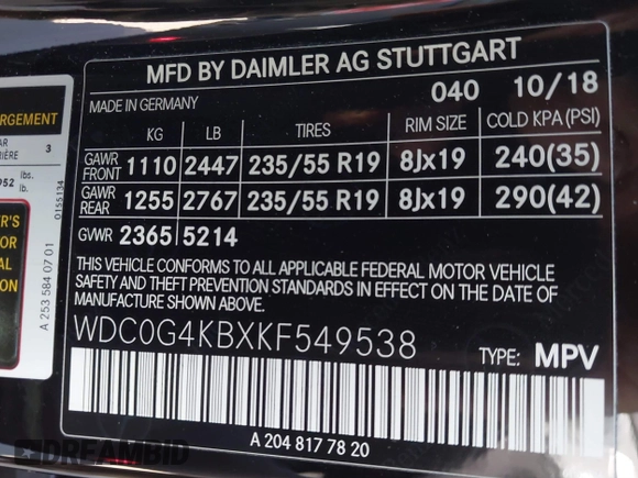 2019 Mercedes-Benz GLC with VIN WDC0G4KBXKF549538, listed as a IAAI auction lot 41878364 with 37,436 mi miles. Bid and sale history available at carsss.com. Image 9.