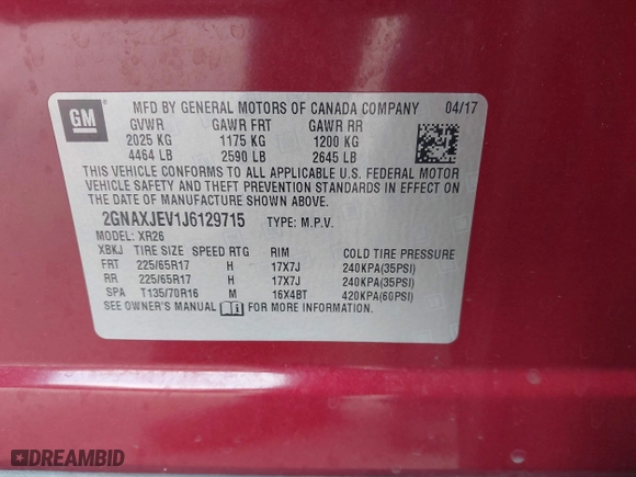 2018 Chevrolet Equinox LT with VIN 2GNAXJEV1J6129715, listed as a IAAI auction lot 41546715 with 143,941 mi miles. Bid and sale history available at carsss.com. Image 9.