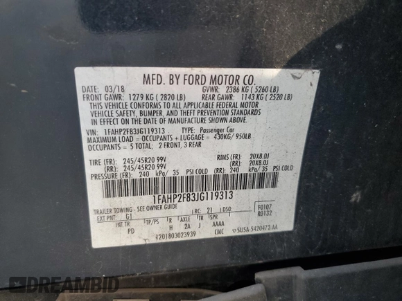 2018 Ford Taurus Limited with VIN 1FAHP2F83JG119313, listed as a Copart auction lot 46850065 with 77,635 mi miles and Salvage Title. Bid and sale history available at DreamBid. Image 15.
