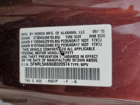 2016 Honda Odyssey EX-L with VIN 5FNRL5H69GB020974, listed as a Copart auction lot 55695684 with 78,603 mi miles and Non Repairable. Bid and sale history available at carsss.com. Image 15.
