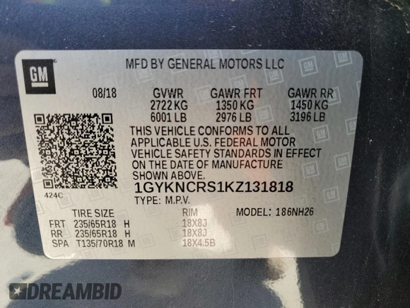 2019 Cadillac XT5 Luxury FWD with VIN 1GYKNCRS1KZ131818, listed as a Copart auction lot 49354595 with 131,995 mi miles and Salvage Title. Bid and sale history available at DreamBid. Image 12.
