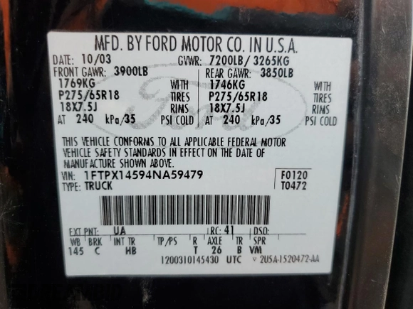 2004 Ford F-150 XLT with VIN 1FTPX14594NA59479, listed as a Copart auction lot 49042245 with 204,902 mi miles and Salvage title. Bid and sale history available at DreamBid. Image 12.