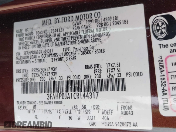 2012 Ford Fusion SEL with VIN 3FAHP0JA1CR144317, listed as a IAAI auction lot 42597920 with 124,277 mi miles and . Bid and sale history available at DreamBid. Image 9.