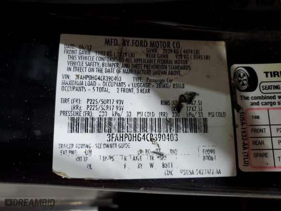 2012 Ford Fusion SE with VIN 3FAHP0HG4CR390403, listed as a Copart auction lot 53442705 with 254,289 mi miles and Salvage Title. Bid and sale history available at carsss.com. Image 12.