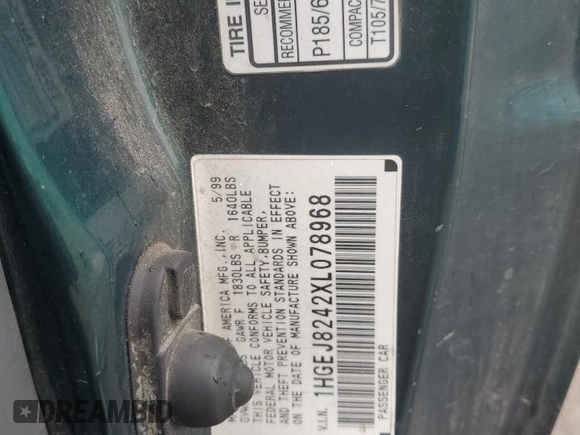 1999 Honda Civic EX with VIN 1HGEJ8242XL078968, listed as a Copart auction lot 72958544 with 269,009 mi miles and Salvage Title. Bid and sale history available at carsss.com. Image 12.