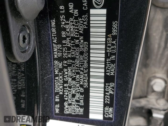 2021 Lexus ES with VIN 58ADA1C18MU001909, listed as a Copart auction lot 50432675 with 59,487 mi miles and Salvage Title. Bid and sale history available at carsss.com. Image 12.